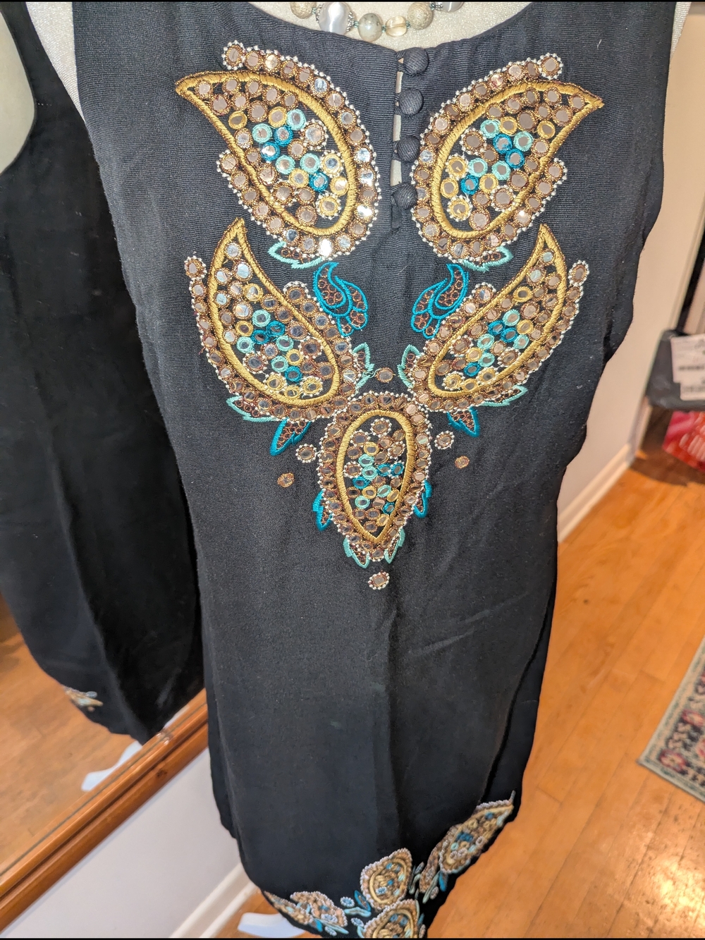 Monsoon Black Midi Dress with Gold and Turquoise Embellishment - Picture 4 of 11